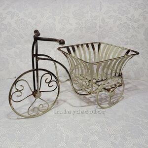 Vintage Style Metal Tricycle Planter Basket Scroll Design Decorative Display